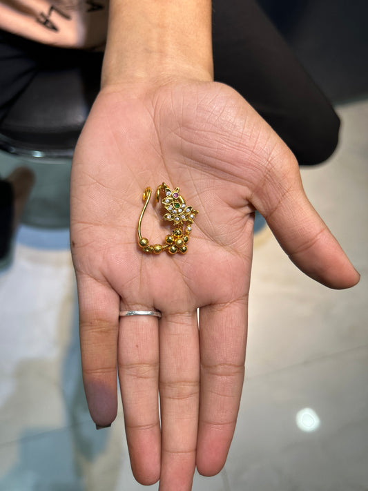 Antique Floral Kundan Maharashtrian Nath with Gold Ball Drops