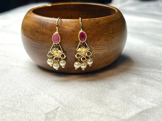 Elegant Ruby-Toned Earrings with Pearl Danglers