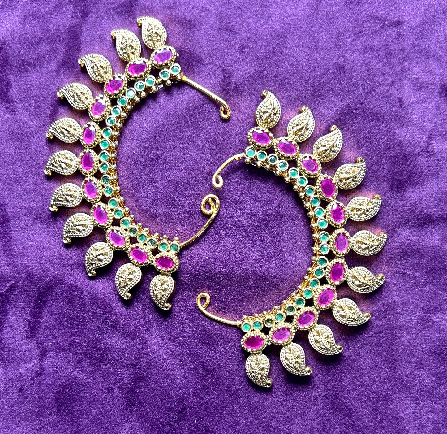 Traditional Crescent Shaped Bugadi (Back Ear Cuffs) with Pink & Green Stones