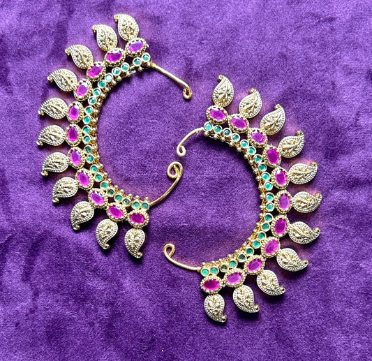 Traditional Crescent Shaped Bugadi (Back Ear Cuffs) with Pink & Green Stones