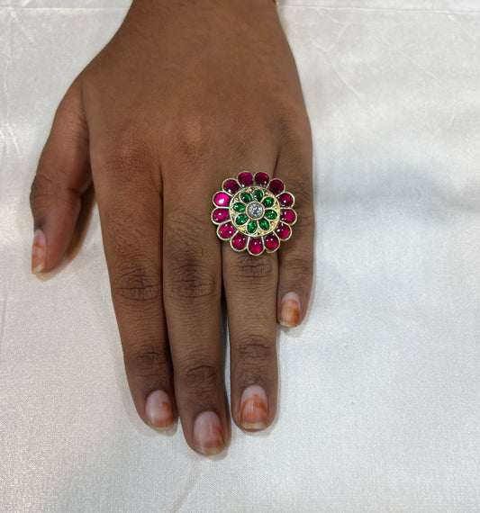 Traditional Ruby–Emerald Floral Kundan Ring