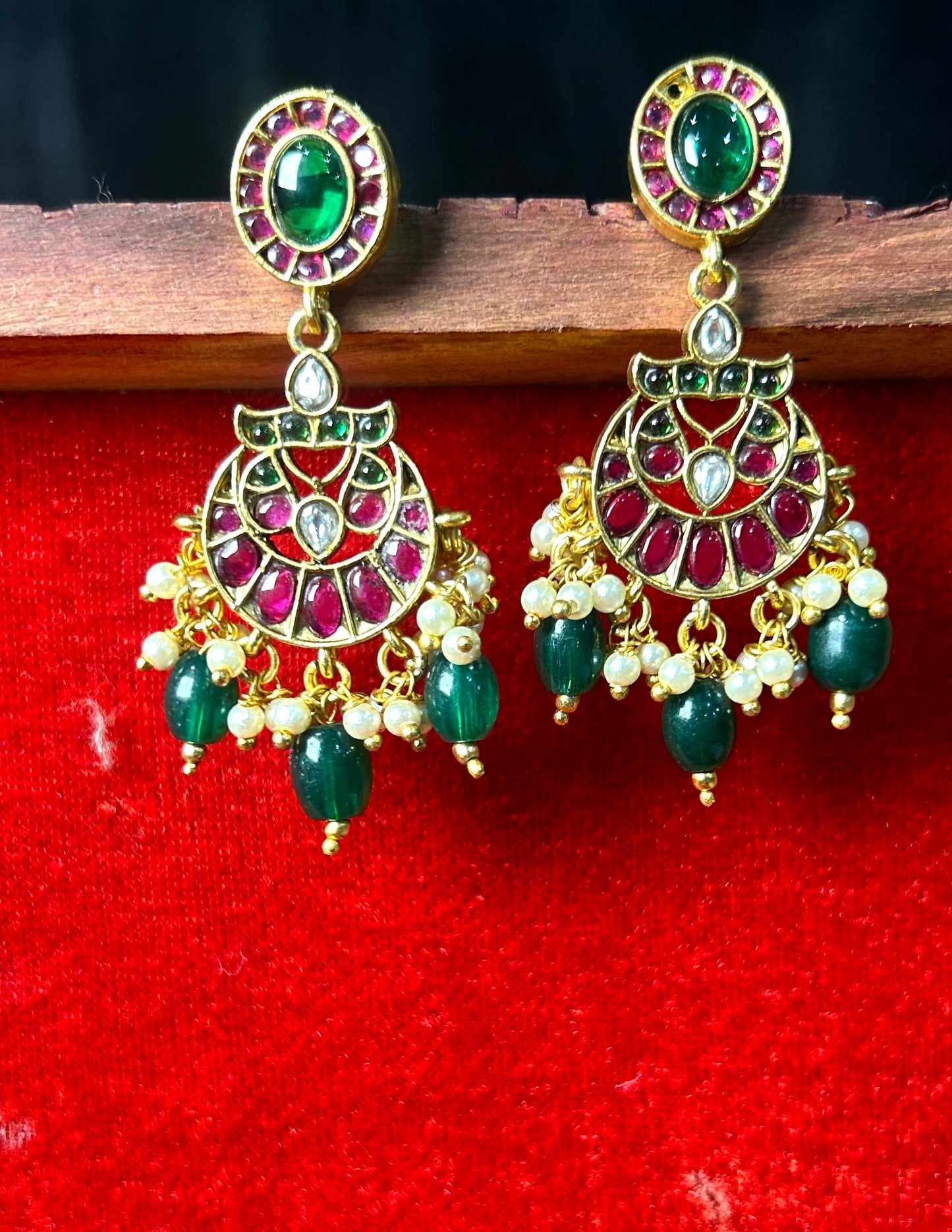 Kundan Meenakari Chandbali Earrings with Pearls & Beads