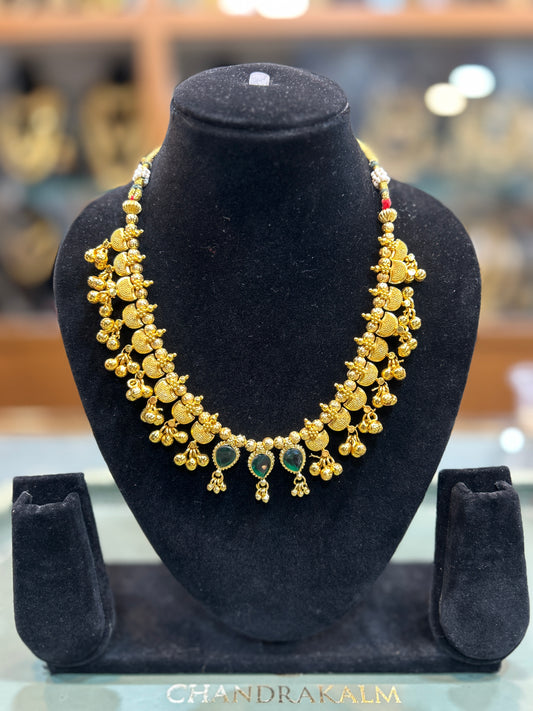 Classic Gold-Finish Temple Necklace with Green Stone Accents