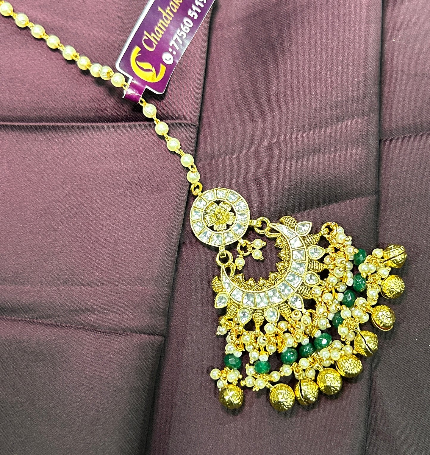 Chandbali Maang Tikka with Green & Gold Detailing