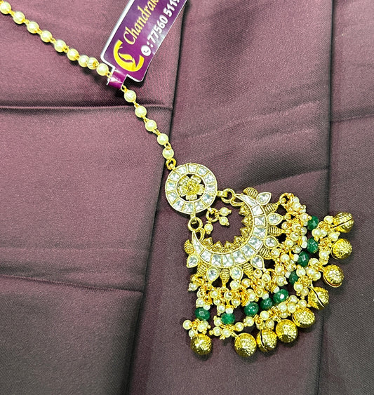 Chandbali Maang Tikka with Green & Gold Detailing