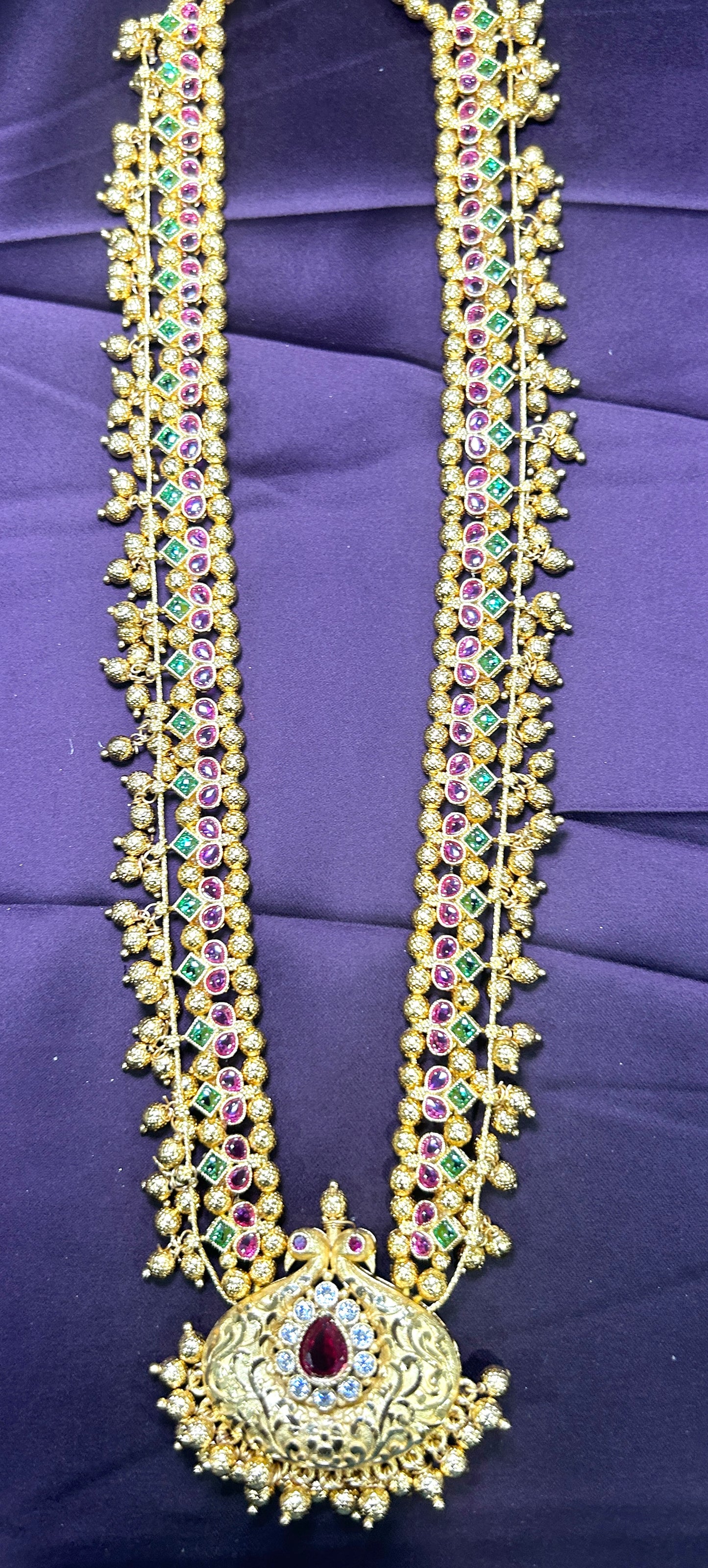 Traditional Temple-Style Haar with Ruby & Emerald Stones