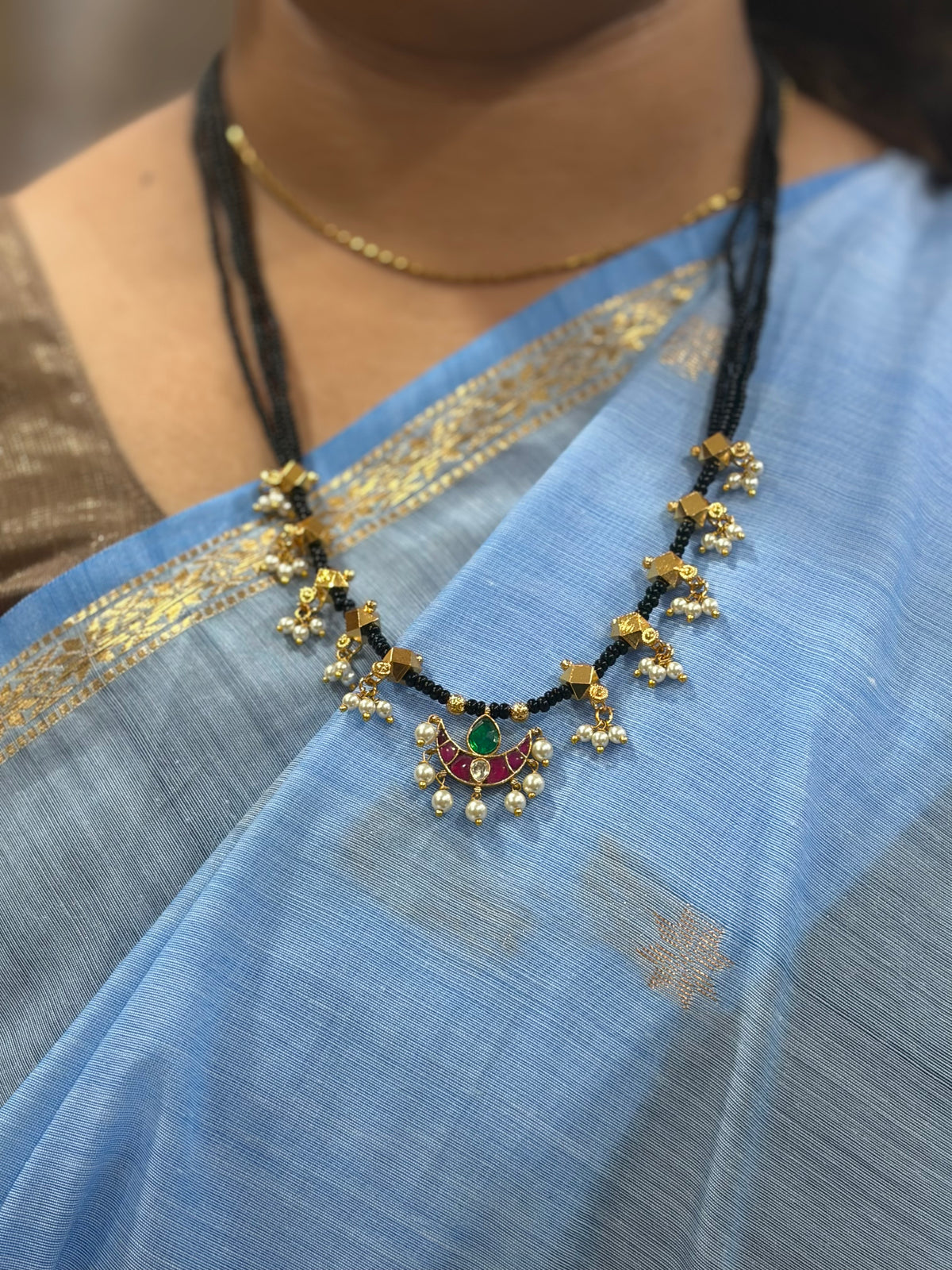 Pink and Green Stone Black Beads Mangalsutra with Pearl Drops