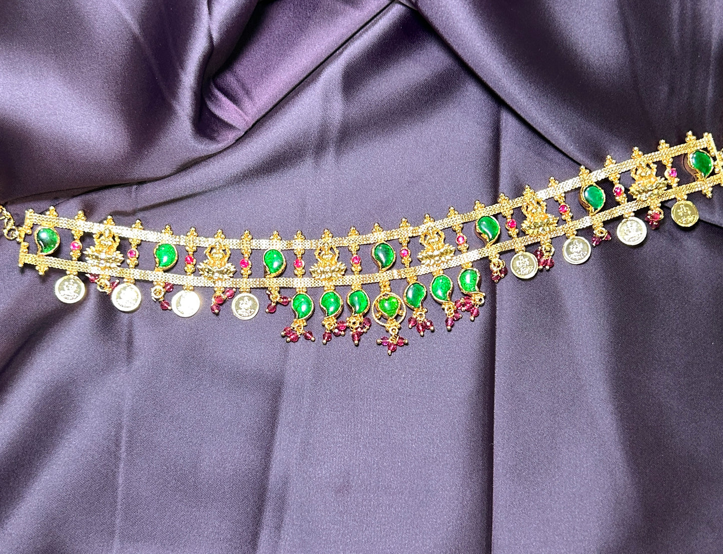Temple Waist Belt / Vaddanam with Green & Coin Motifs