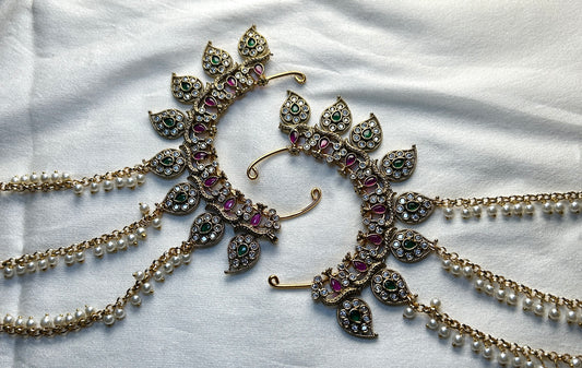 Traditional Pearl Back Ear Cuffs with Kundan Detailing