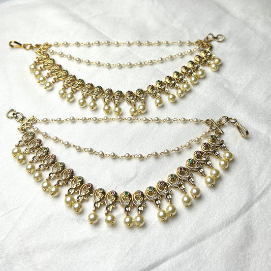 Dual Pearl Drop Kana Chains with Kundan Work