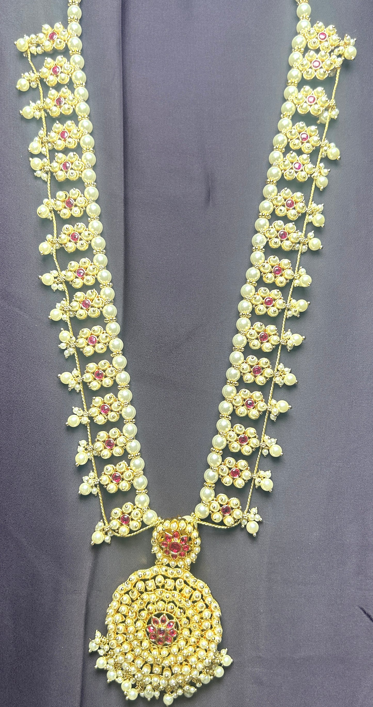 Traditional Pearl & Ruby Floral Haar with Grand Round Pendant