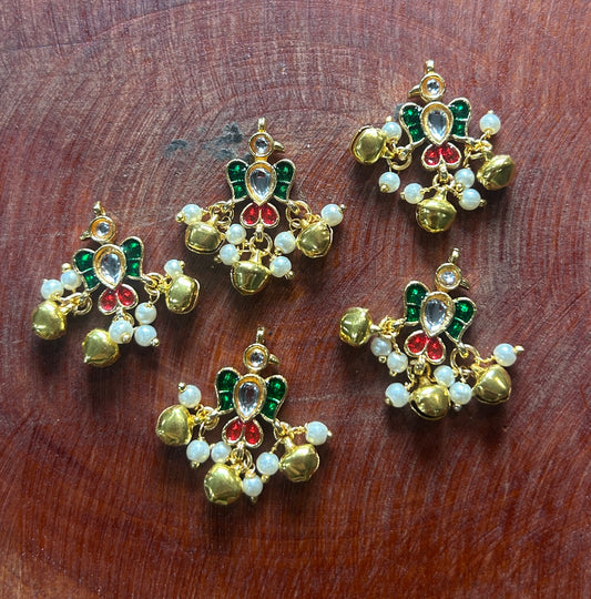 Kundan Pearl Ghungroo Hair Accessory with Red-Green Enamel Work