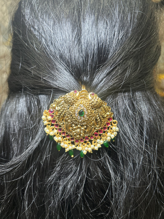 Royal Peacock Temple Hair Brooch – Ruby & Emerald Work