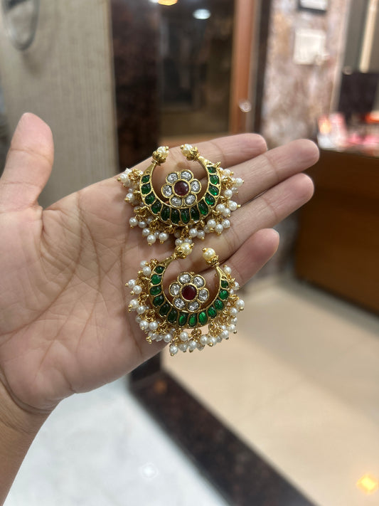 Royal Ruby–Pearl Kundan Chandbali Earrings