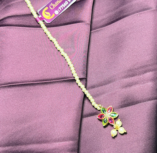 Floral Pearl Chain Maang Tikka with Multicolor Stones