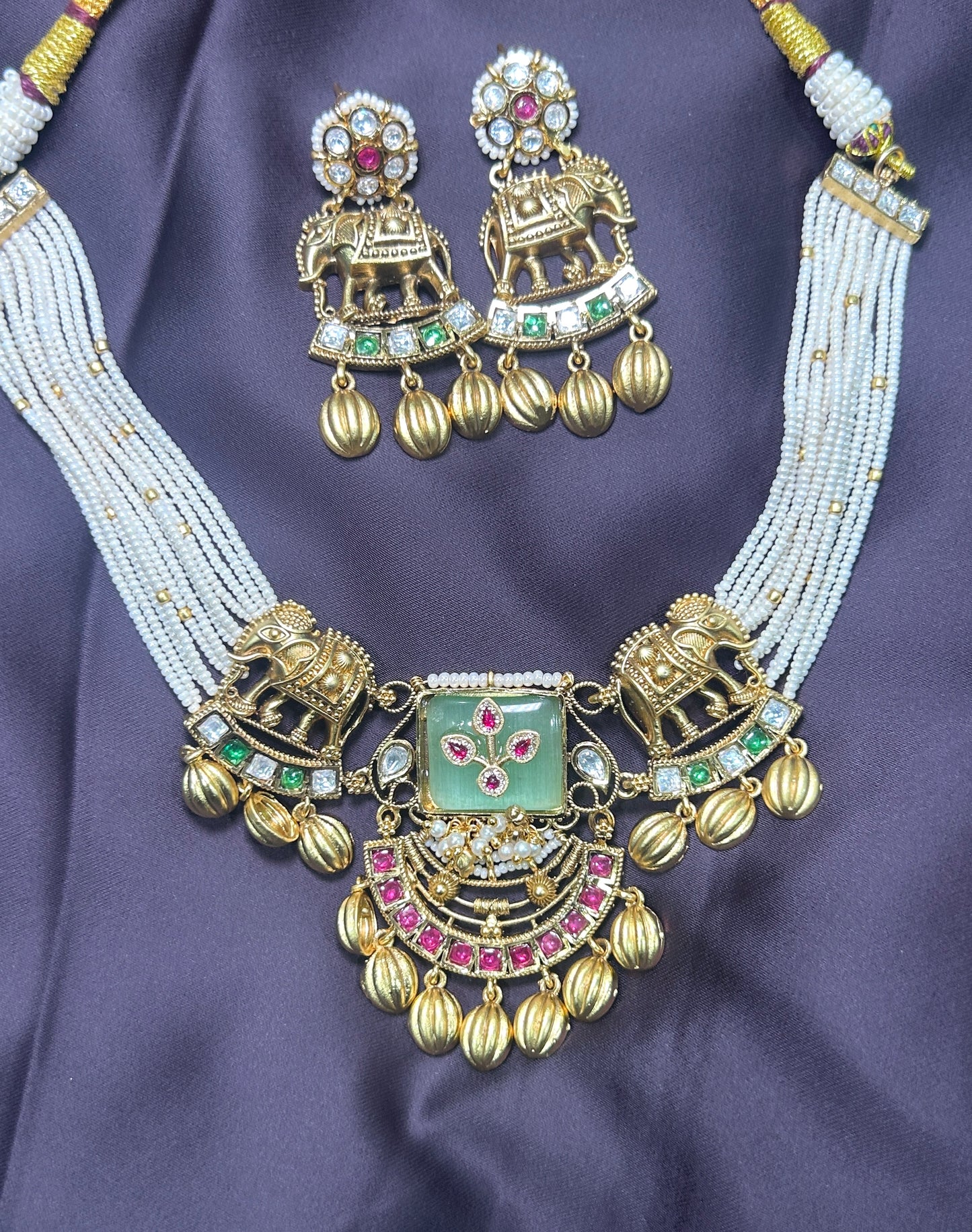 Elephant Motif Pearl Strand Necklace Set