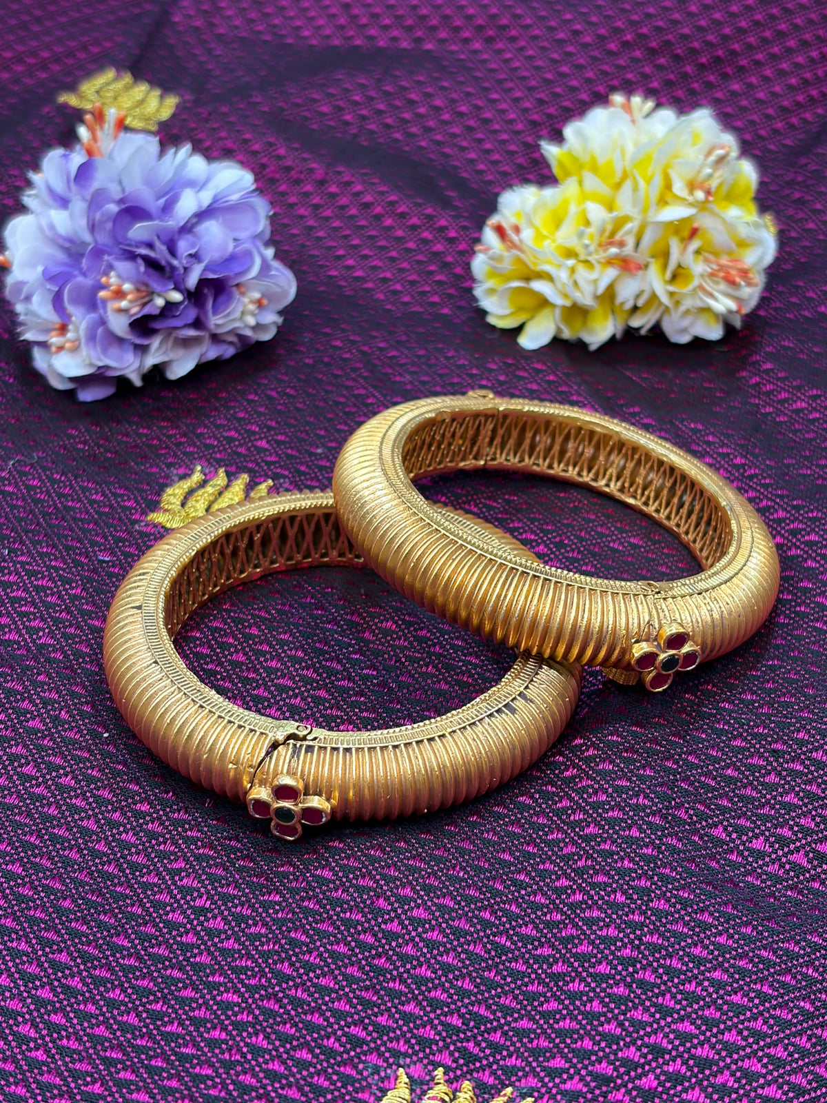 Traditional Gold Finish Bangles with Ruby & Green Stone Floral Accents