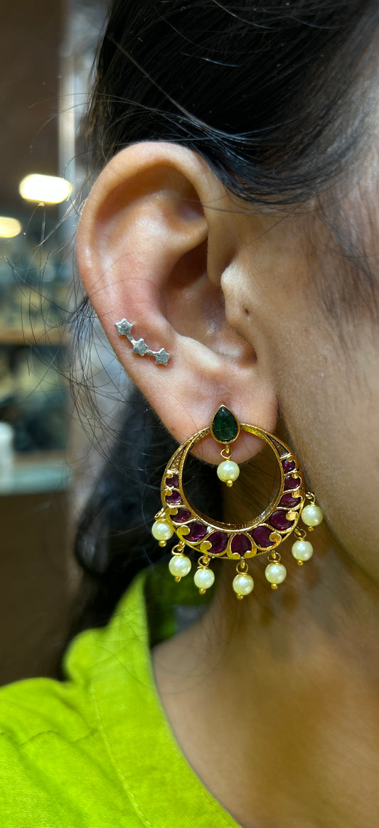 Ruby Pearl Chandbali Earrings with Emerald Stud