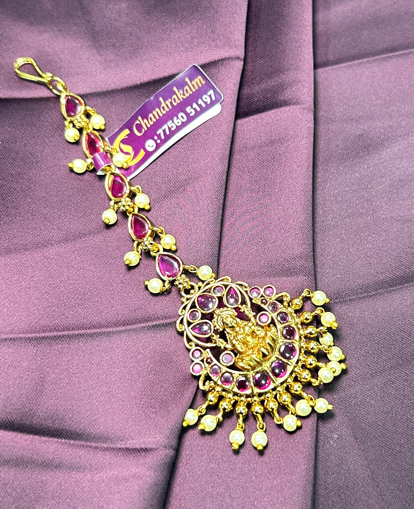 Goddess Lakshmi Temple Maang Tikka (Ruby & Pearl)