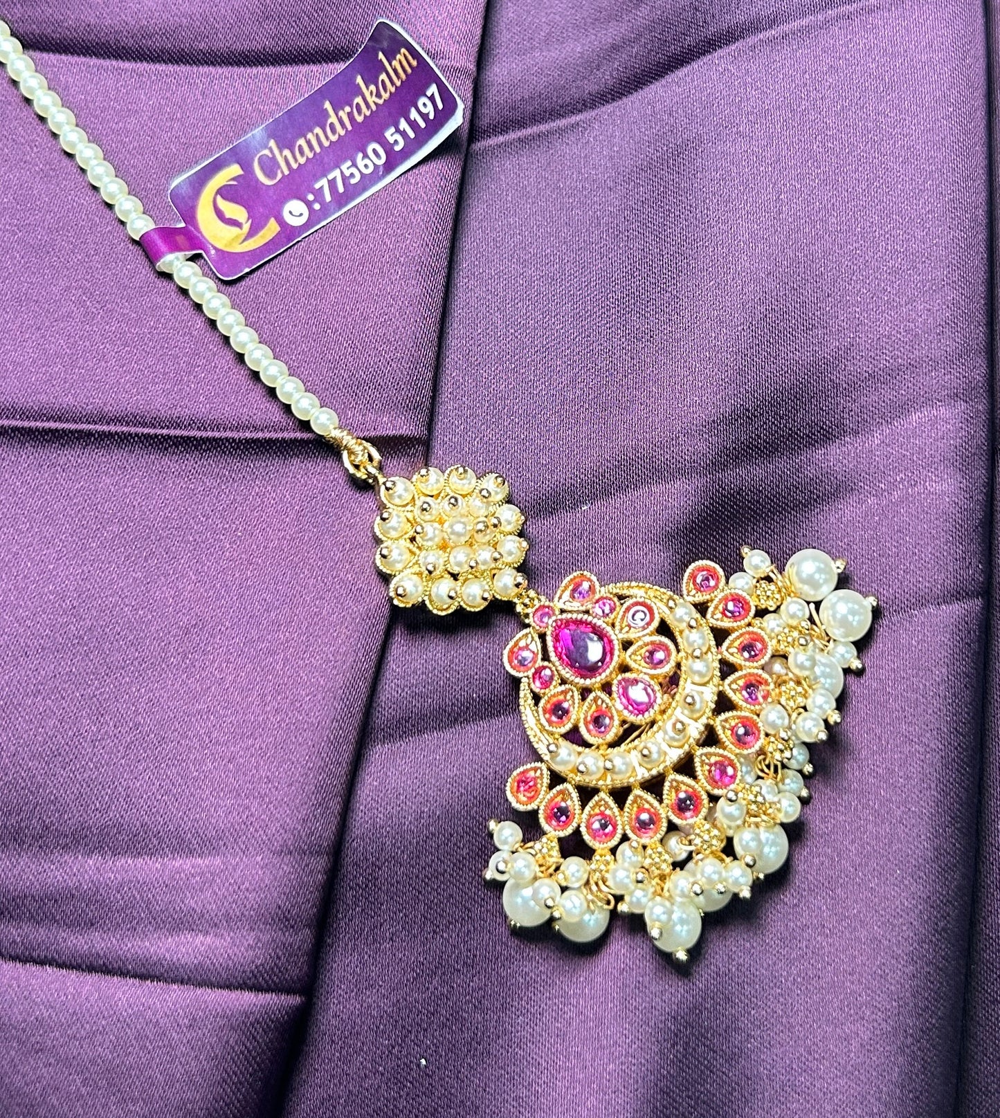 Ruby Pearl Crescent Maang Tikka