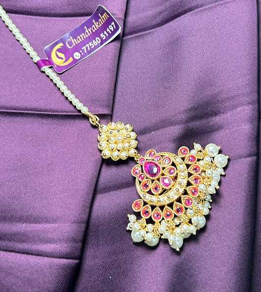 Ruby Pearl Crescent Maang Tikka