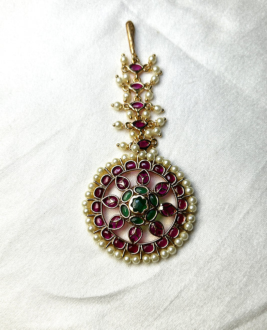 Traditional Kundan Maang Tikka with Ruby & Emerald Accents