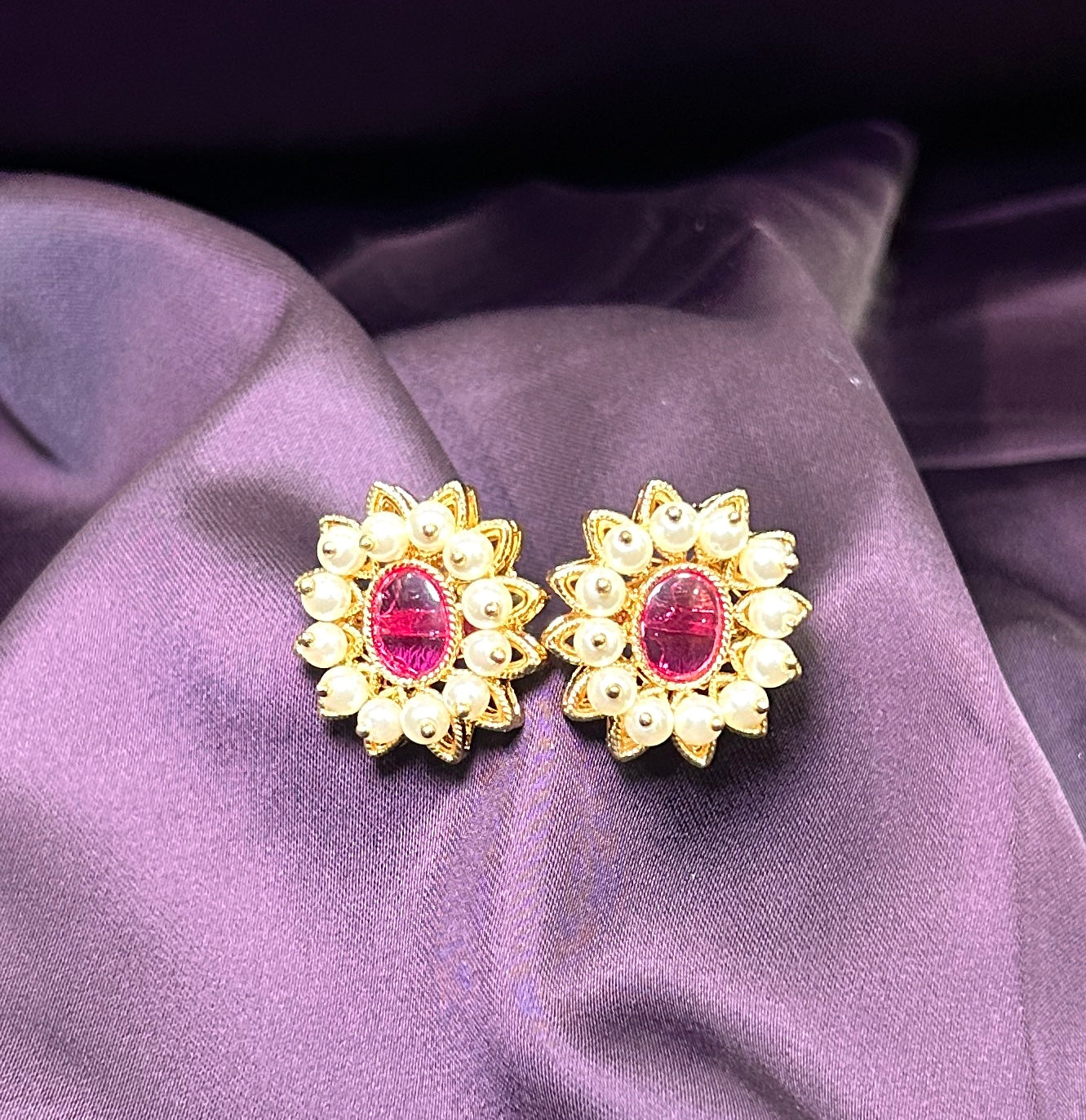 Ruby Oval Pearl Stud Earrings