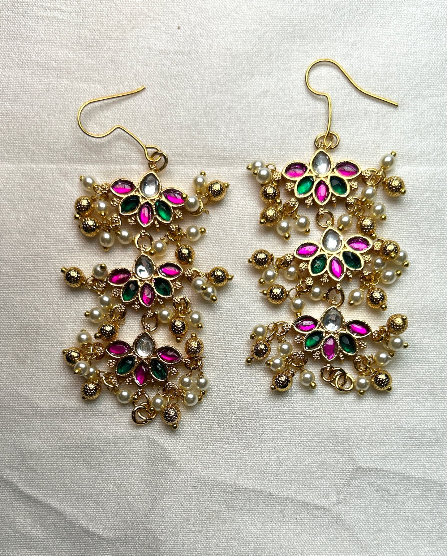 Triple Lotus Tier Earrings with Pearl & Ball Danglers