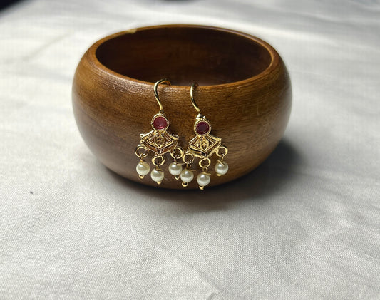 Geometric Motif Earrings with Ruby Accent & Pearl Danglers