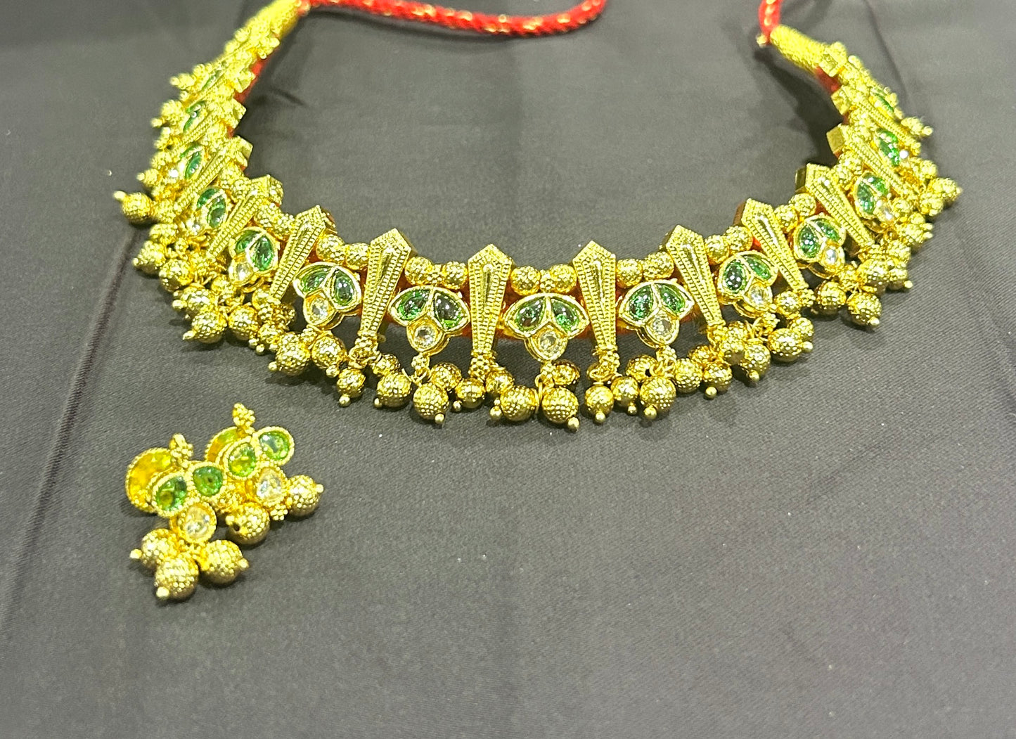 Traditional Green Stone Choker Set with Earrings