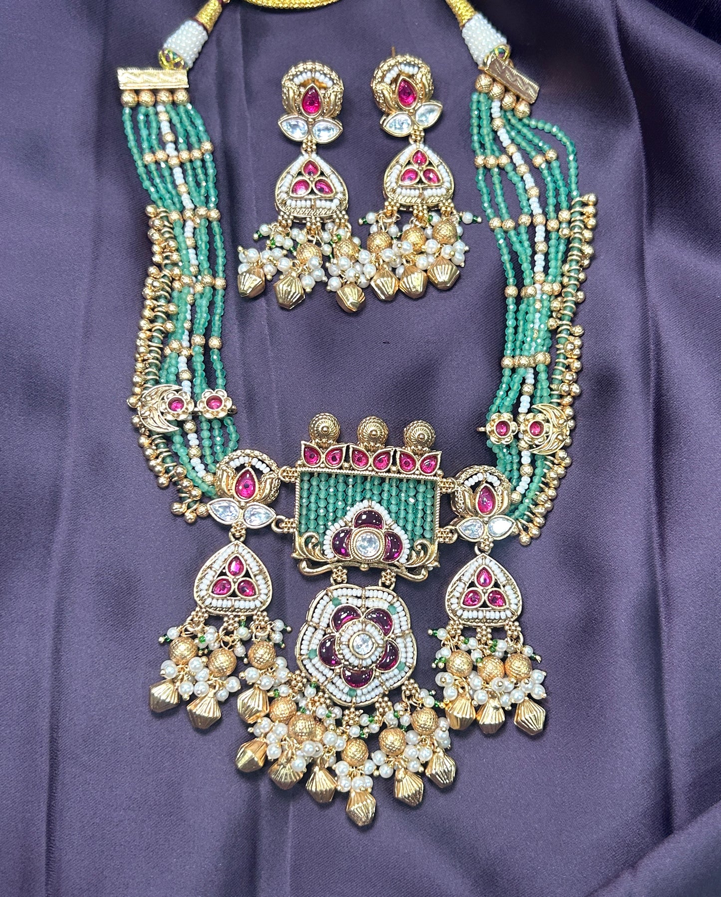 Green Beaded Antique Temple Necklace Set