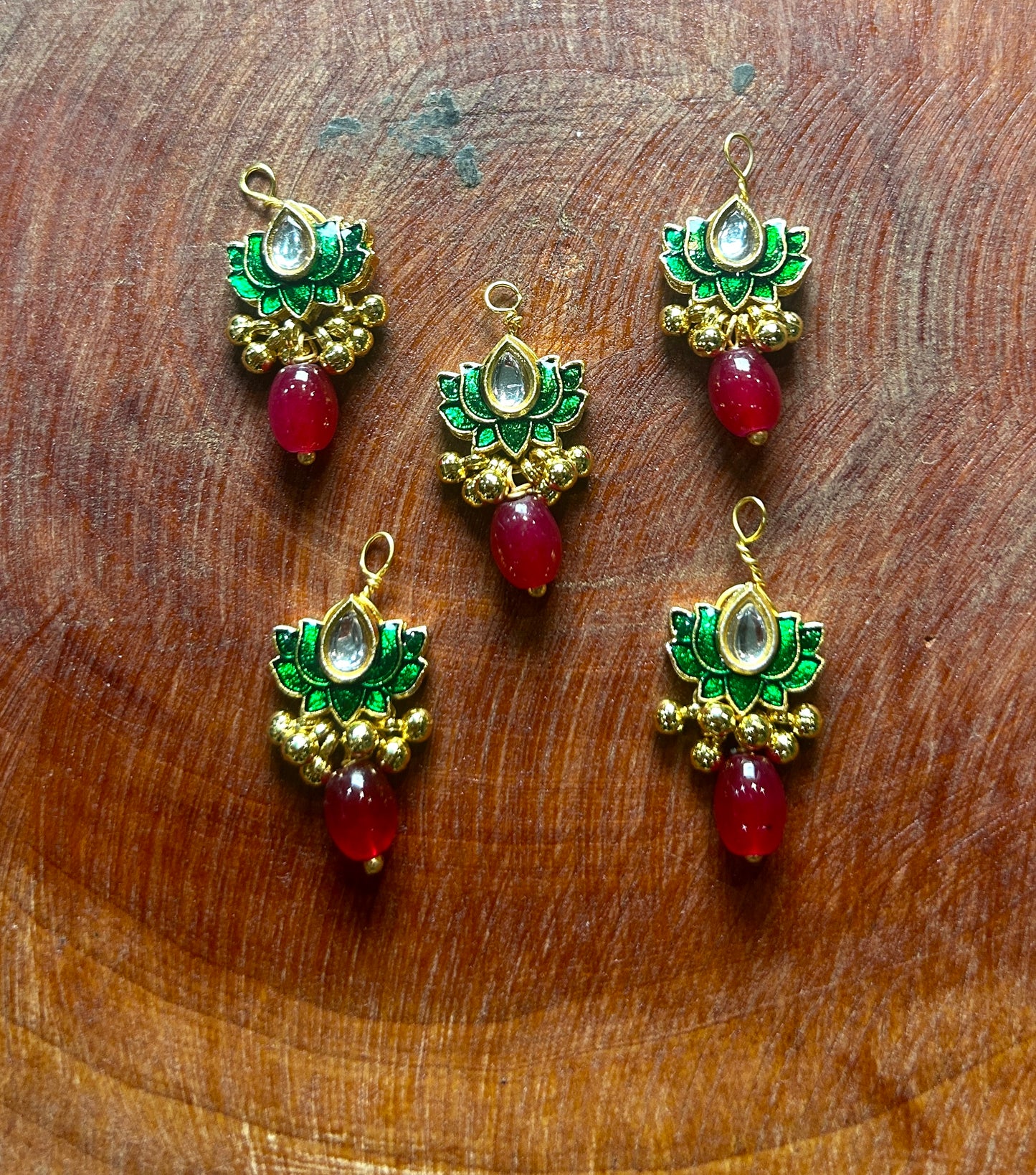 Green Lotus with Ruby Drop Hair Accessory – Kundan & Ghungroo Design