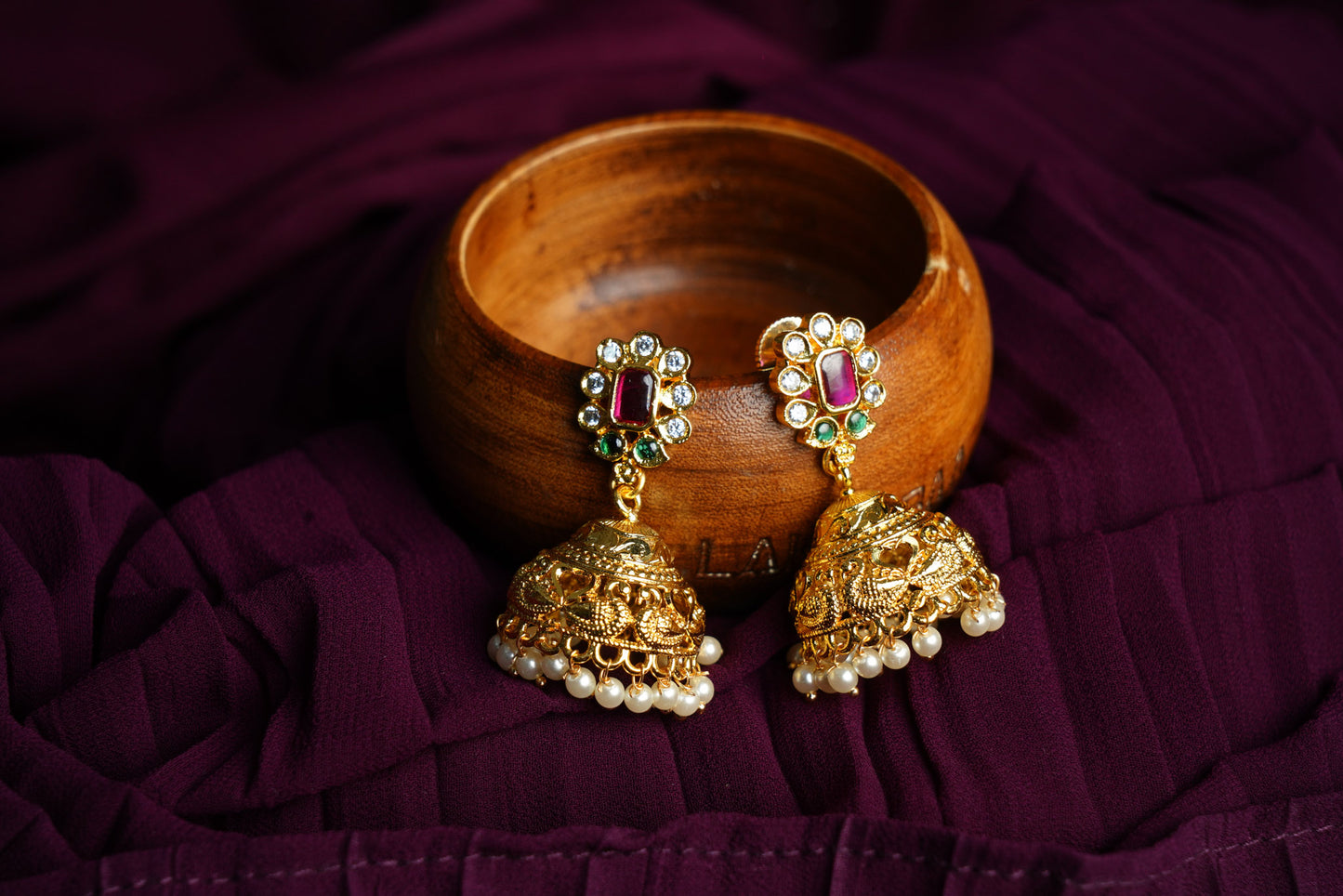 Gold Jhumka Earrings with Kundan & Pearls