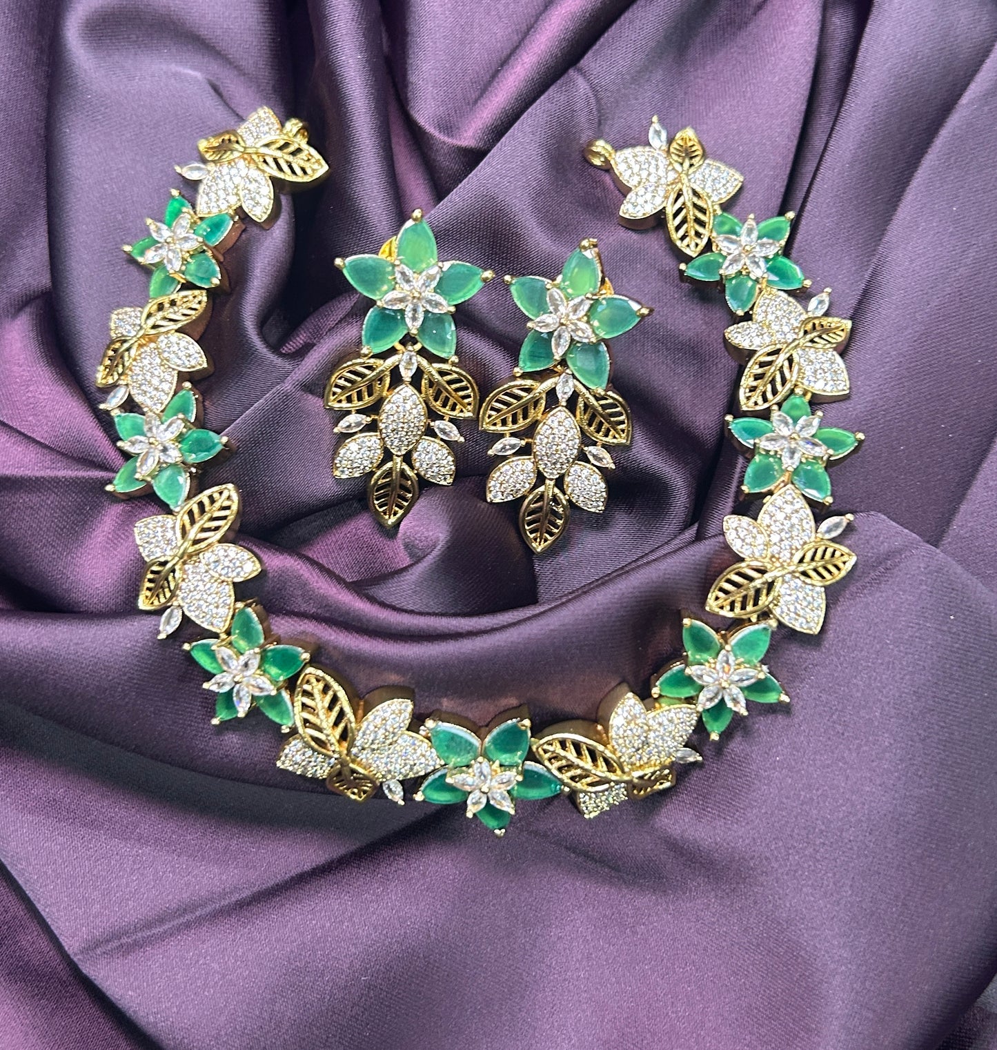 Floral Emerald & CZ Necklace Set