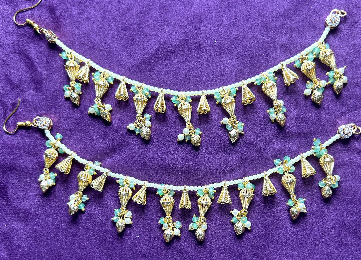 Elegant Aqua Blue & Pearl Beaded Kaanchain (Ear Chains) Pair