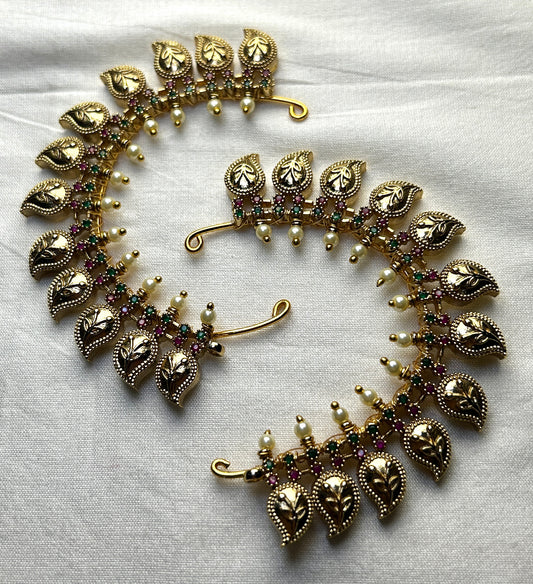 Pearl-Embellished Leaf Motif Ear Cuffs – Antique Finish