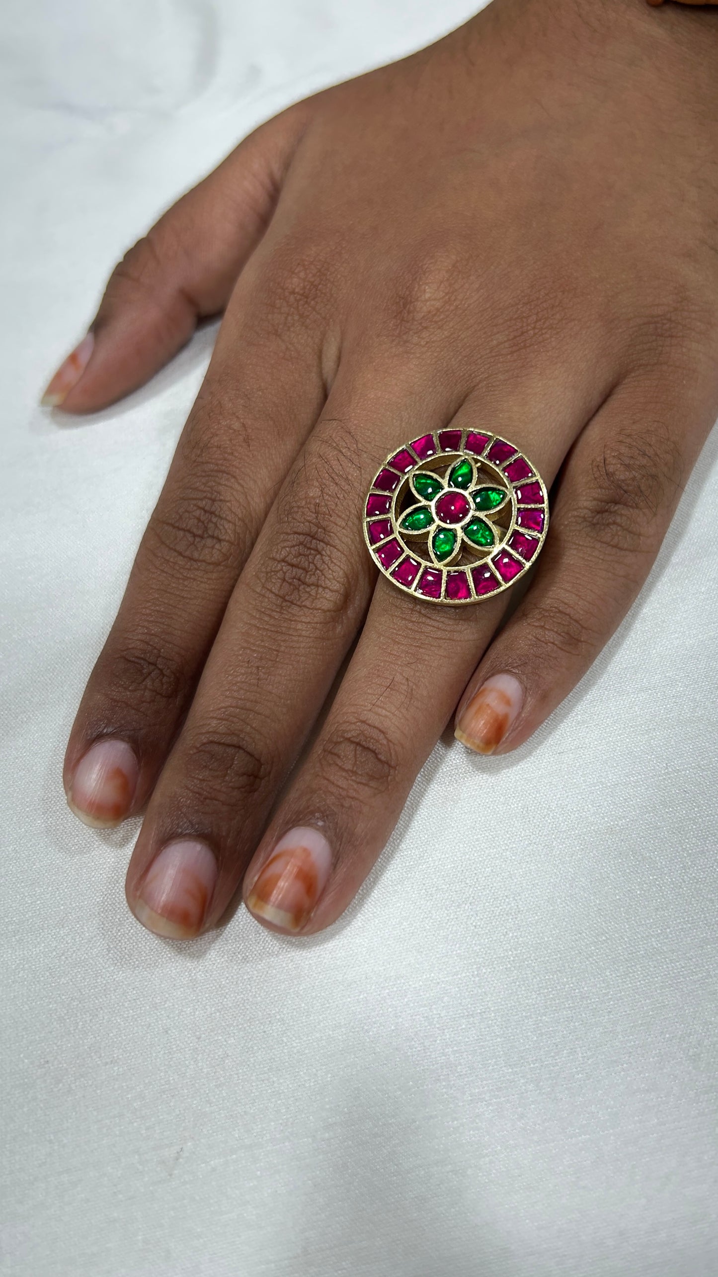 Classic Ruby–Emerald Circular Kundan Ring