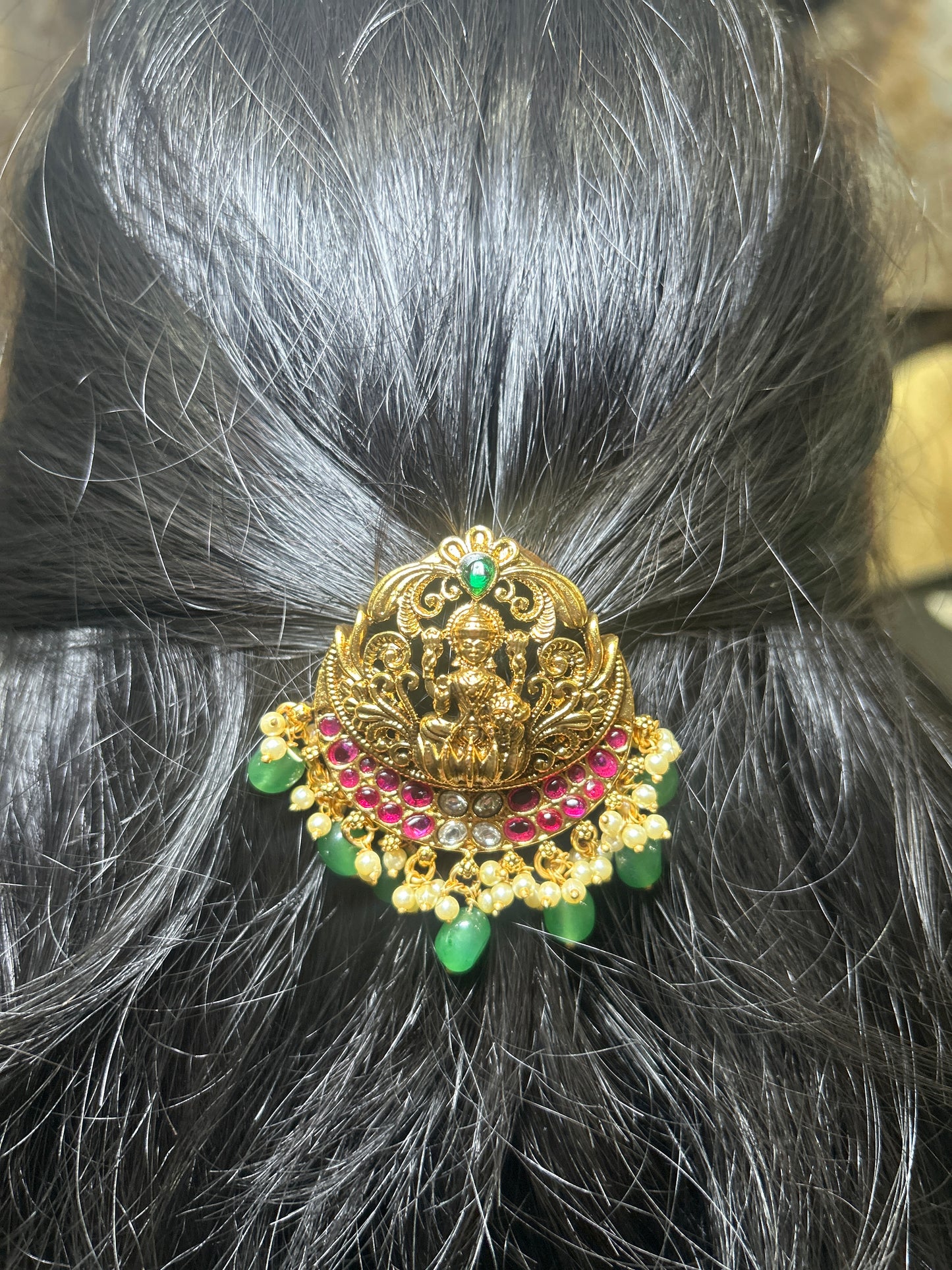Goddess Lakshmi Temple Hair Brooch – Ruby & Emerald Bridal Edition