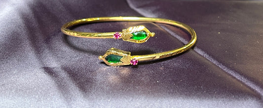 Dual-Head Snake Kada with Green & Red Stone Accents