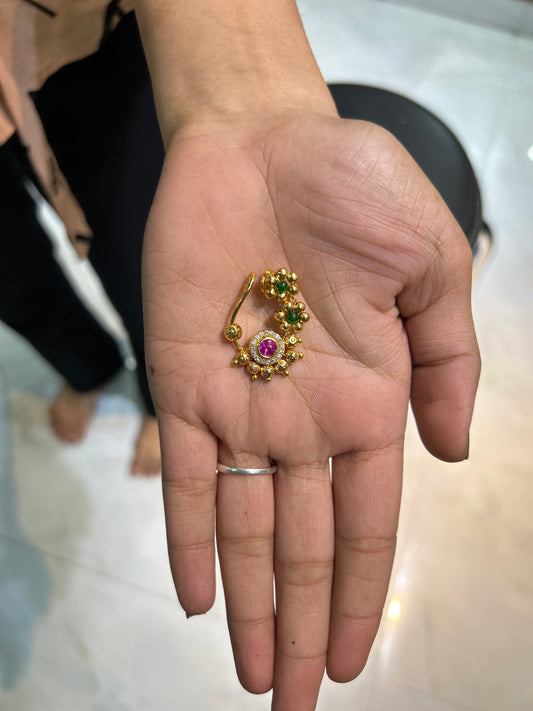 Traditional Floral Maharashtrian Nath with Ruby & Green Stone Accents