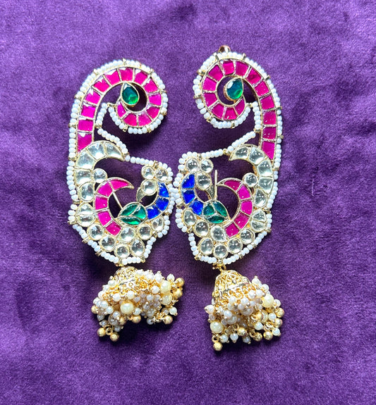 Colorful Peacock Design Ear Cuff with Pearl Jhumka Drop