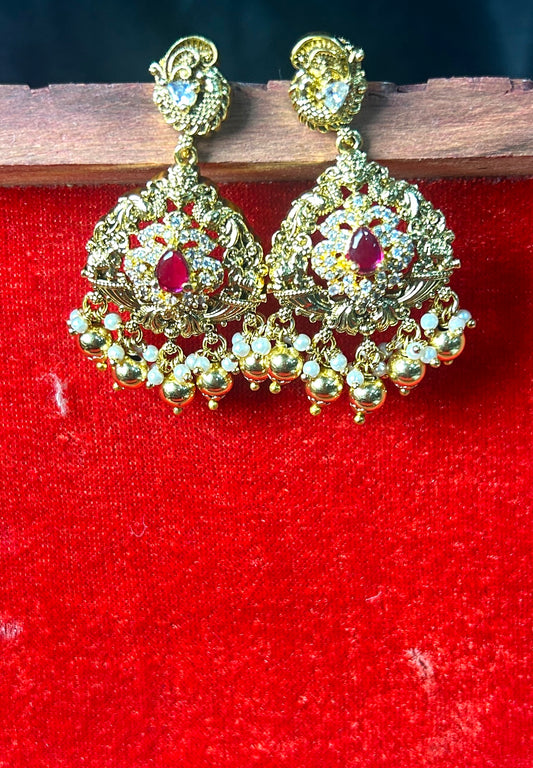 Ruby Red Stone Jhumka Earrings with Pearl & Gold Drops