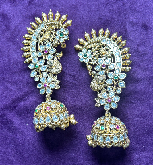 Grand Peacock Design Ear Cuff with Kundan Jhumka Drops