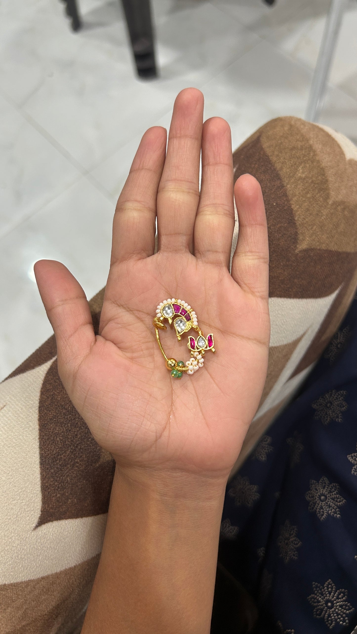 Pink Kundan Pearl Maharashtrian Nath with Green Bead Detailing