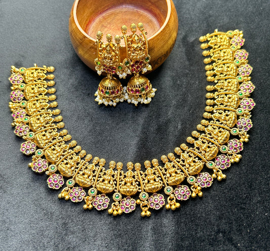 Lakshmi Floral Temple Necklace Set – Antique Gold with Pink & Green Accents