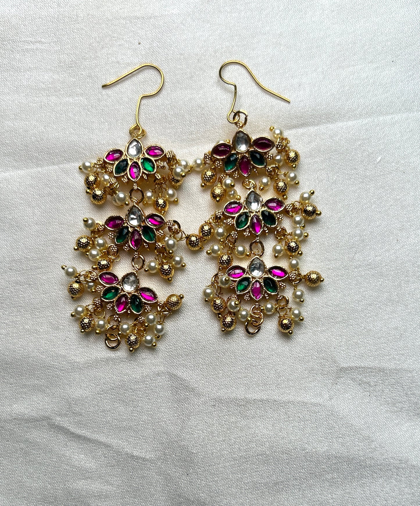 Triple Lotus Tier Earrings with Pearl & Ball Danglers
