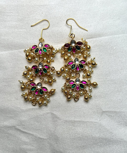 Triple Lotus Tier Earrings with Pearl & Ball Danglers