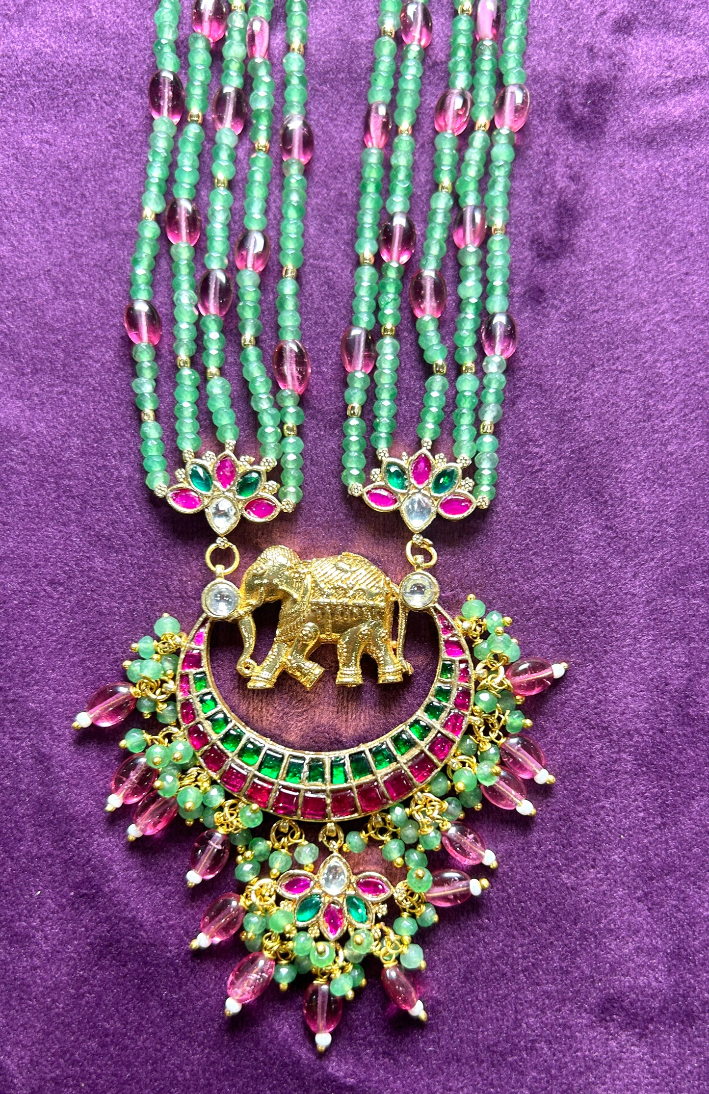 Elegant Multi-Strand Pachikundan Beaded Necklace with Elephant Pendant