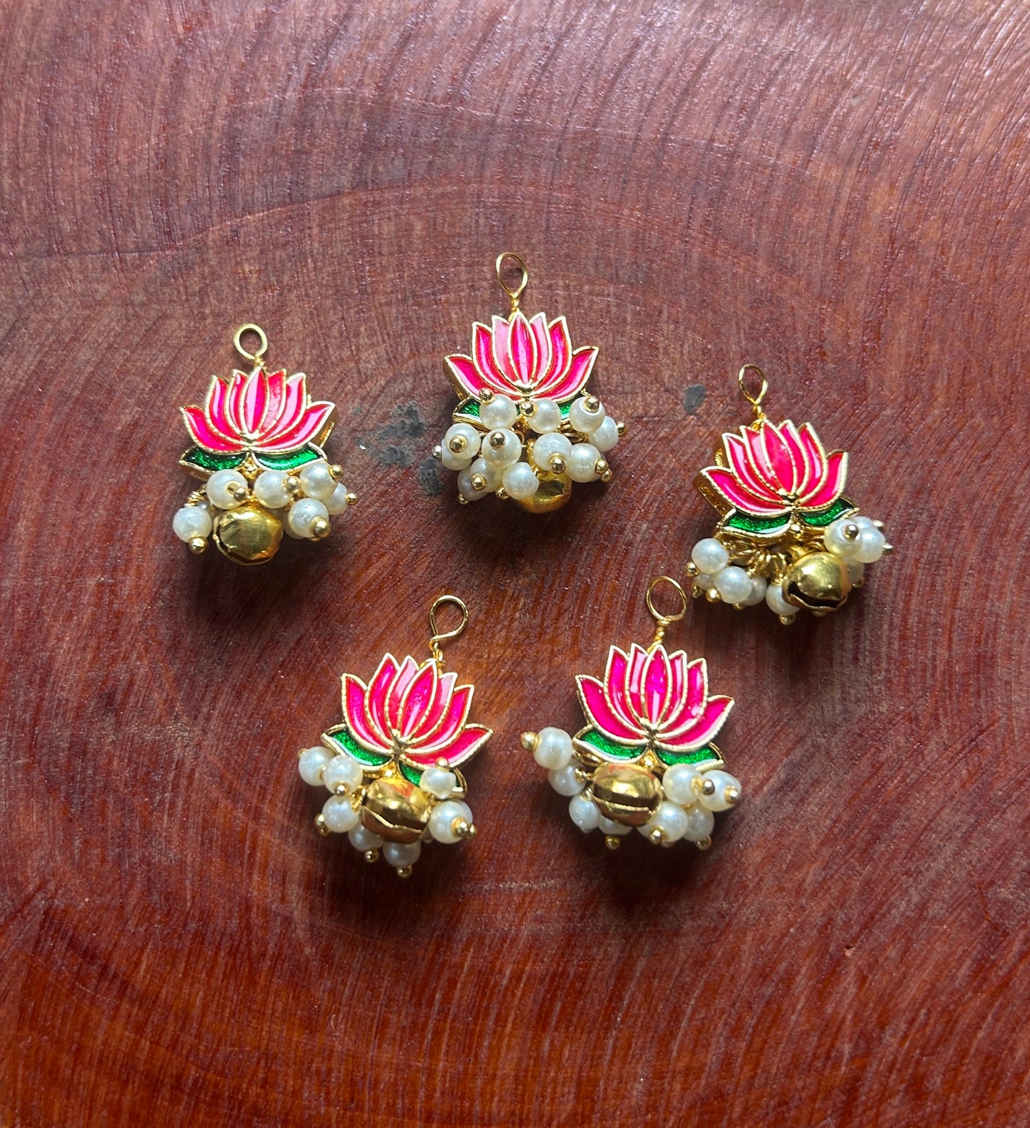 Pink Lotus Hair Accessory with White Pearls & Golden Ghungroo
