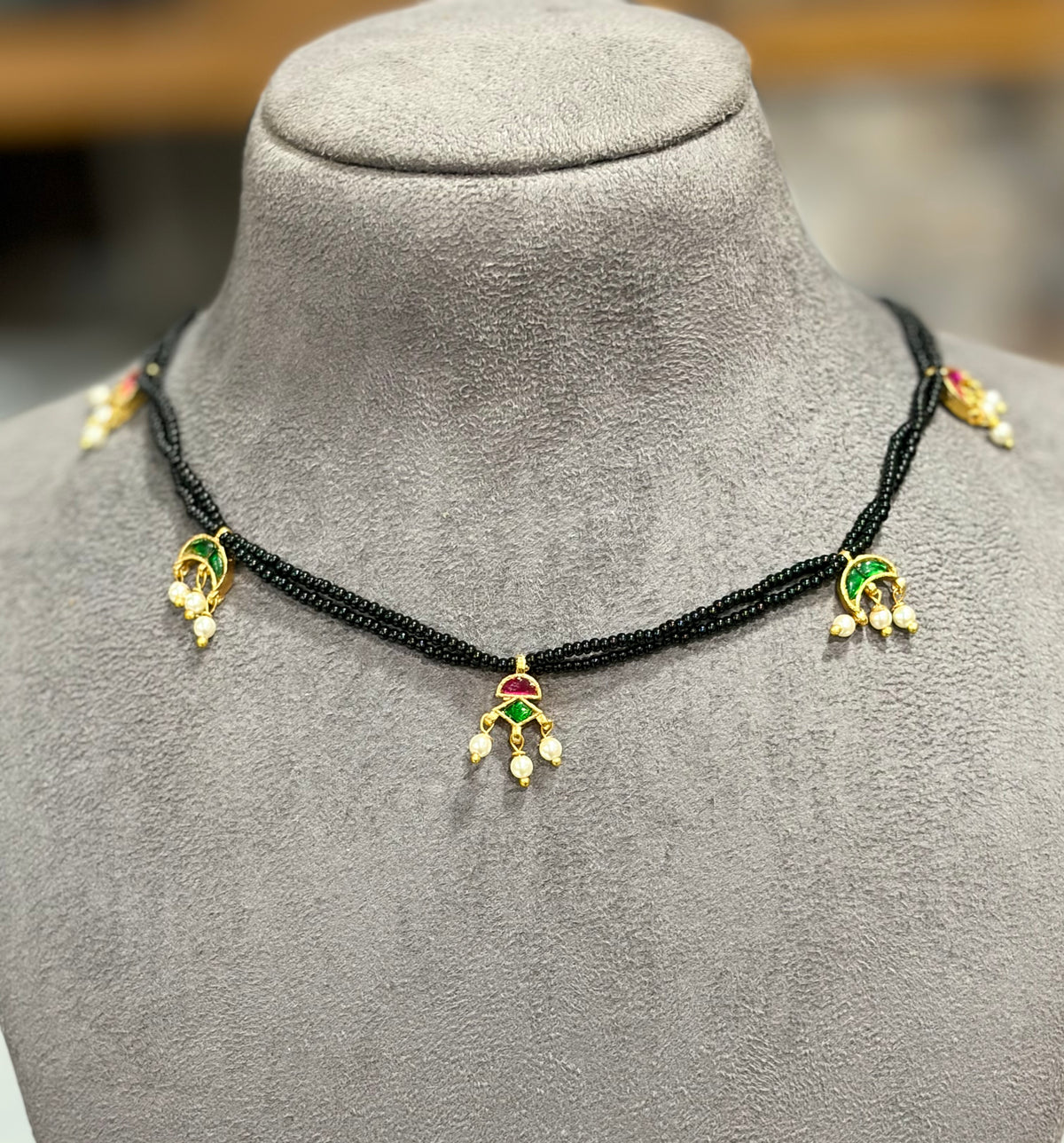 Double Layer Black Beads Mangalsutra with Multicolour Stone Charms